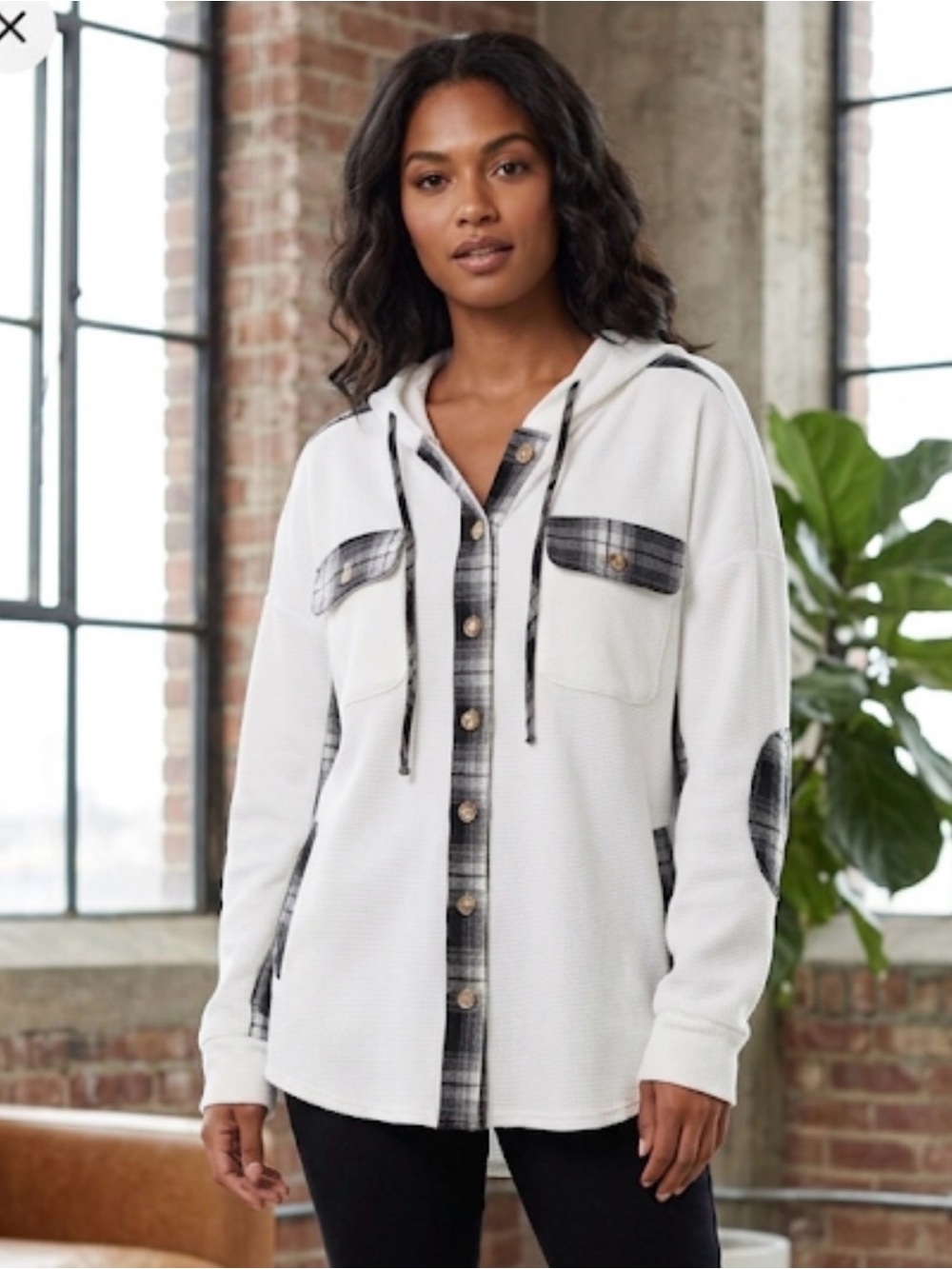 White with Black Plaid accents button down waffle shirt/shacket. With hood.